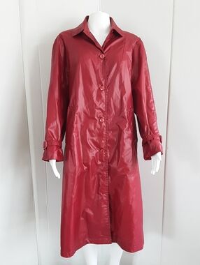 Red Sheen Rain Coat | Hat Longline Trench Sz M -  Vtg